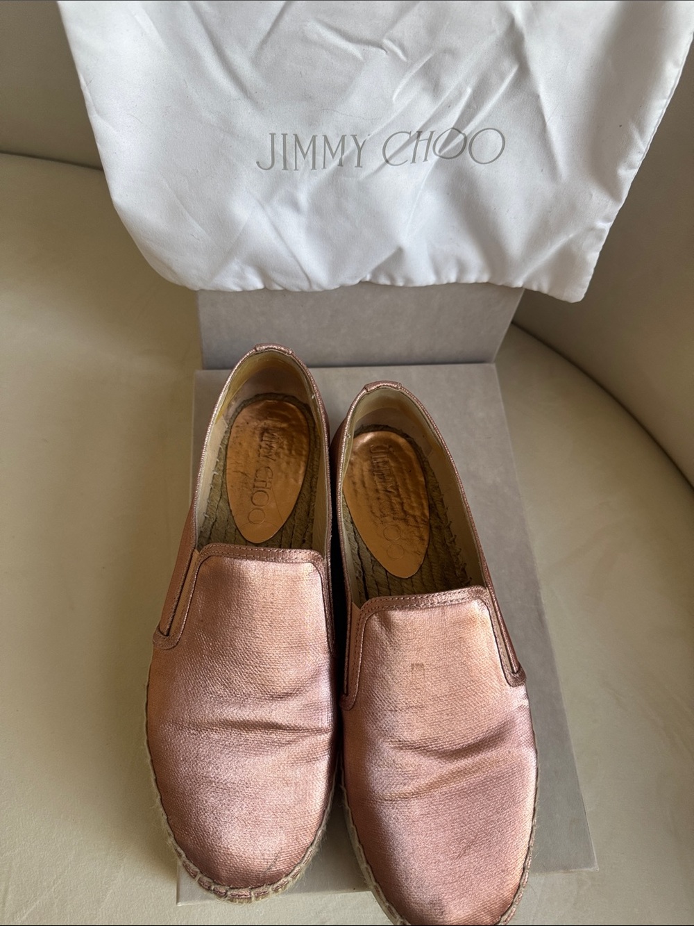 Jimmy Choo Rose Gold Espadrille Slip-On Flats